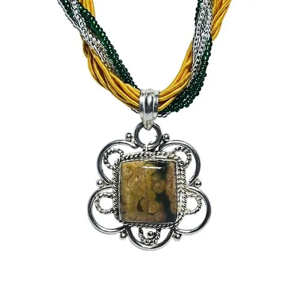 12 Strand Green & Silver Seed Bead Necklace With Jasper Pendant (5891) - Picture 3 of 6